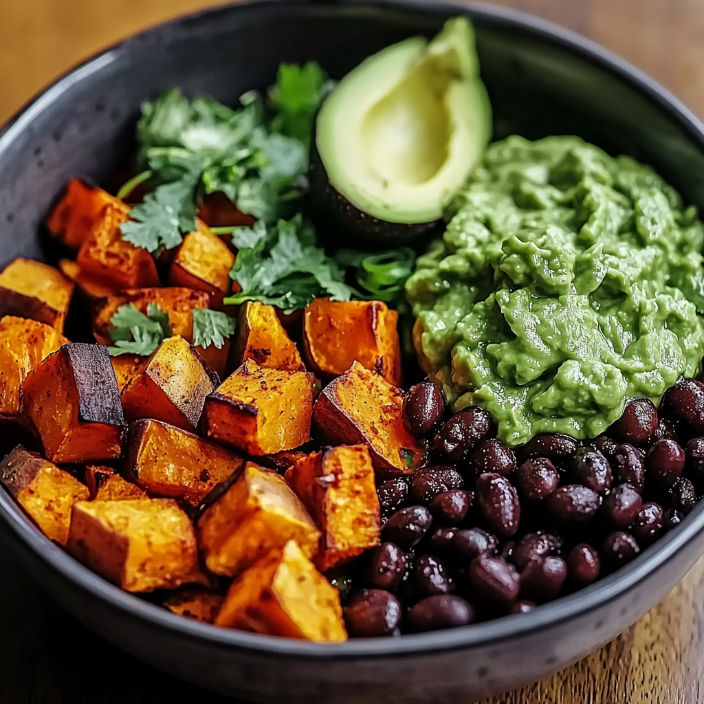 Sweet Potato and Black Bean Bowls with Avocado Lime Dressing