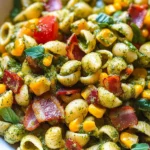 Corn Pasta Salad with Turkey Bacon and Creamy Pesto Dressing