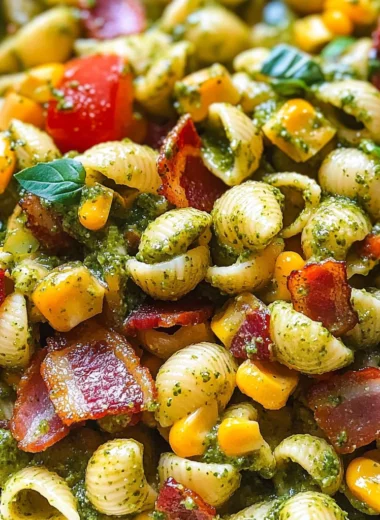 Corn Pasta Salad with Turkey Bacon and Creamy Pesto Dressing