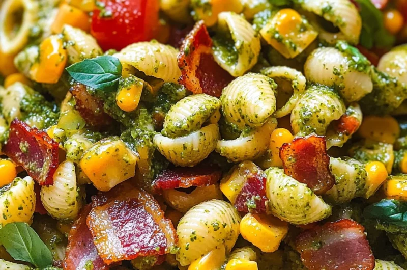 Corn Pasta Salad with Turkey Bacon and Creamy Pesto Dressing