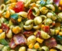 Corn Pasta Salad with Turkey Bacon and Creamy Pesto Dressing