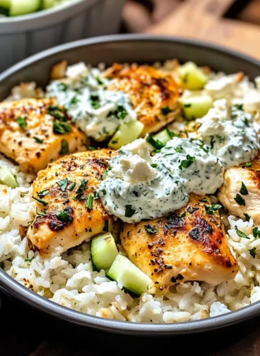 Mediterranean Chicken & Rice Bake with Tzatziki
