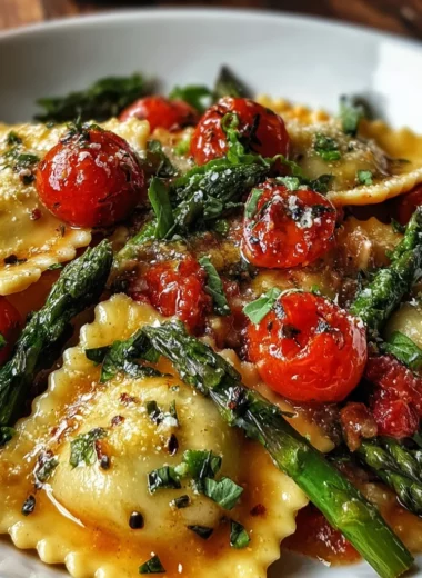 Ravioli with Tomatoes, Asparagus, Garlic, and Herbs