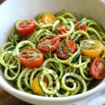 Raw Spiralized Zucchini Noodles with Tomatoes and Pesto