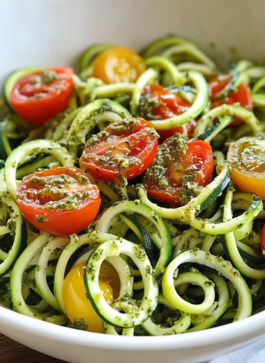Raw Spiralized Zucchini Noodles with Tomatoes and Pesto
