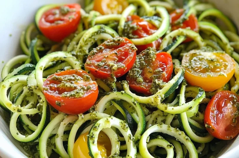 Raw Spiralized Zucchini Noodles with Tomatoes and Pesto