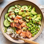 Crispy Rice Salmon Cucumber Salad with Creamy Asian Dressing