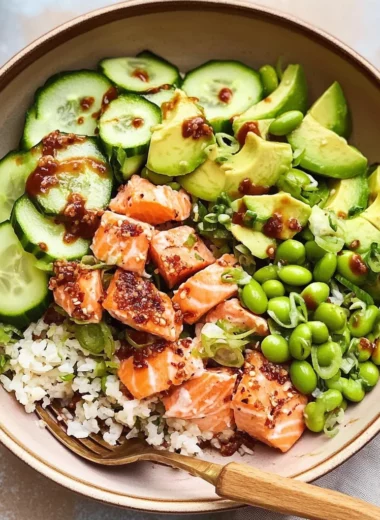 Crispy Rice Salmon Cucumber Salad with Creamy Asian Dressing