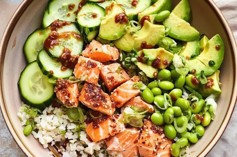 Crispy Rice Salmon Cucumber Salad with Creamy Asian Dressing
