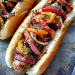 Grilled Turkey Bacon-Wrapped Beer Brats with Drunken Peppers and Onions