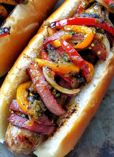 Grilled Turkey Bacon-Wrapped Beer Brats with Drunken Peppers and Onions