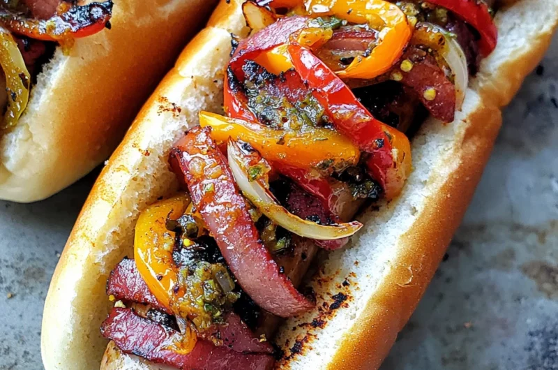 Grilled Turkey Bacon-Wrapped Beer Brats with Drunken Peppers and Onions