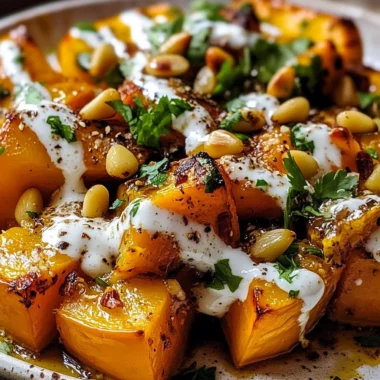 Roasted Pumpkin with Lemon Yogurt Sauce and Pine Nuts