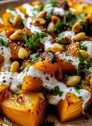 Roasted Pumpkin with Lemon Yogurt Sauce and Pine Nuts