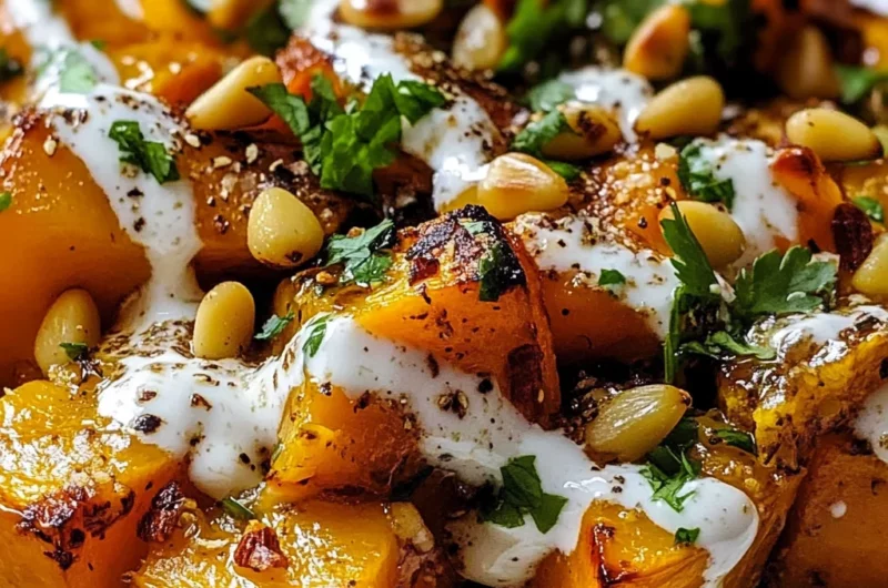 Roasted Pumpkin with Lemon Yogurt Sauce and Pine Nuts