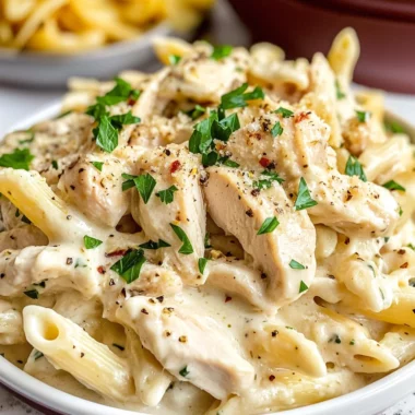 Creamy Crockpot Garlic Parmesan Chicken Pasta