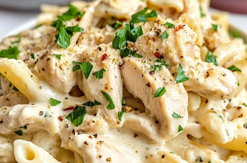 Creamy Crockpot Garlic Parmesan Chicken Pasta