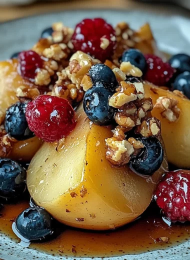 Baked Pears with Berries, Honey, Walnuts & Blue Cheese