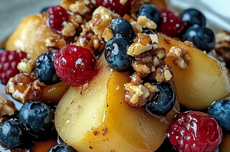 Baked Pears with Berries, Honey, Walnuts & Blue Cheese