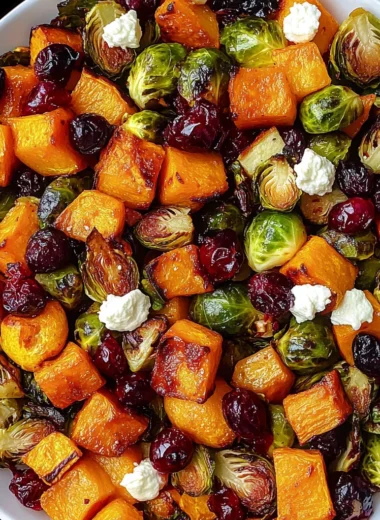 Cranberry-Glazed Roasted Butternut Squash, Brussels Sprouts, and Sweet Potato Salad