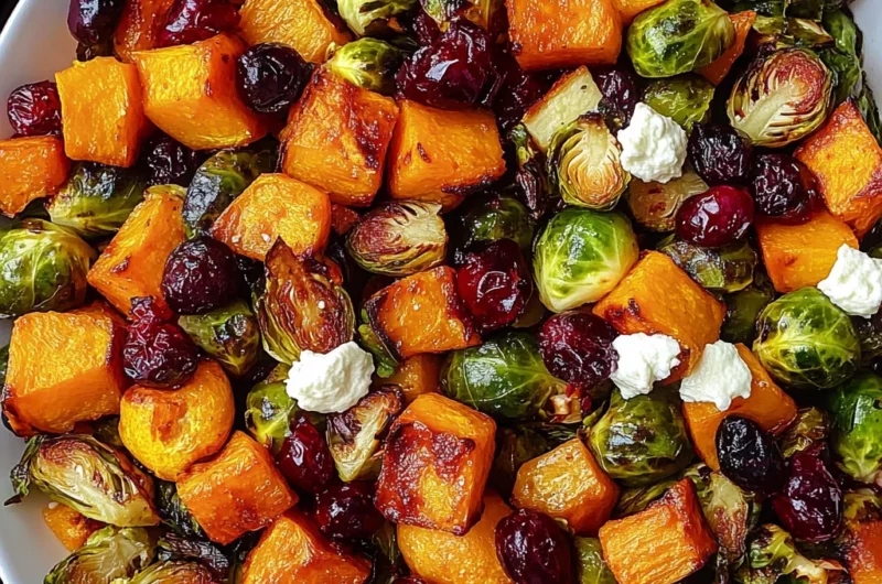 Cranberry-Glazed Roasted Butternut Squash, Brussels Sprouts, and Sweet Potato Salad