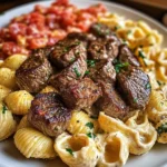 Steak Bites and Shell Pasta in Garlic Butter Alfredo Sauce