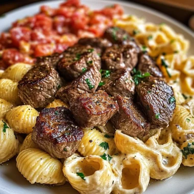 Steak Bites and Shell Pasta in Garlic Butter Alfredo Sauce
