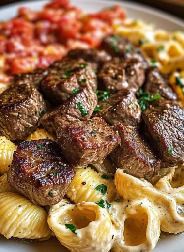 Steak Bites and Shell Pasta in Garlic Butter Alfredo Sauce