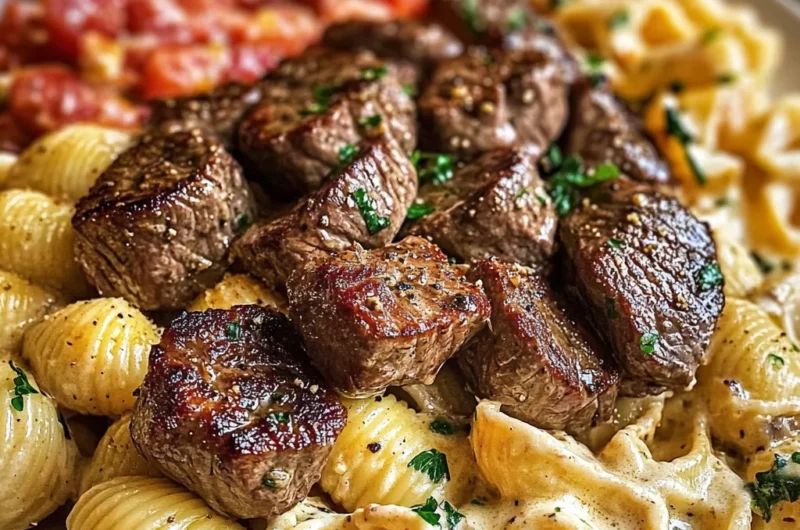 Steak Bites and Shell Pasta in Garlic Butter Alfredo Sauce