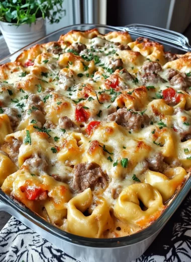 Golden Cheese Steak Tortellini Casserole