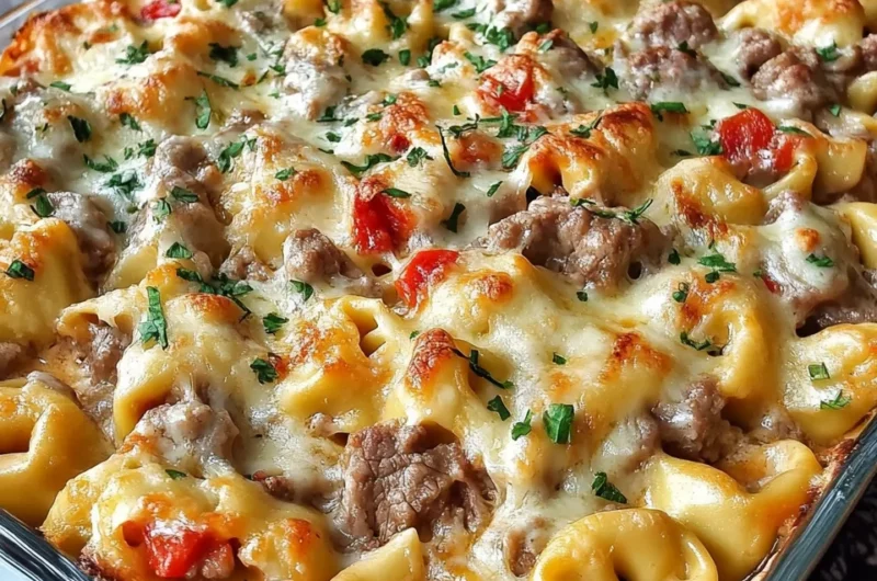 Golden Cheese Steak Tortellini Casserole