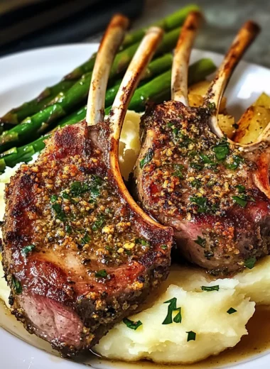 Herb-Crusted Lamb Chops with Mashed Potatoes and Asparagus