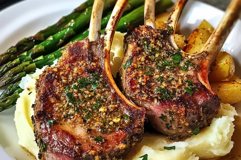 Herb Crusted Lamb Chops with Mashed Potatoes and Asparagus