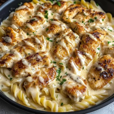 Cheesy Alfredo Twisted Pasta with Golden Garlic Butter Chicken in Creamy Sauce