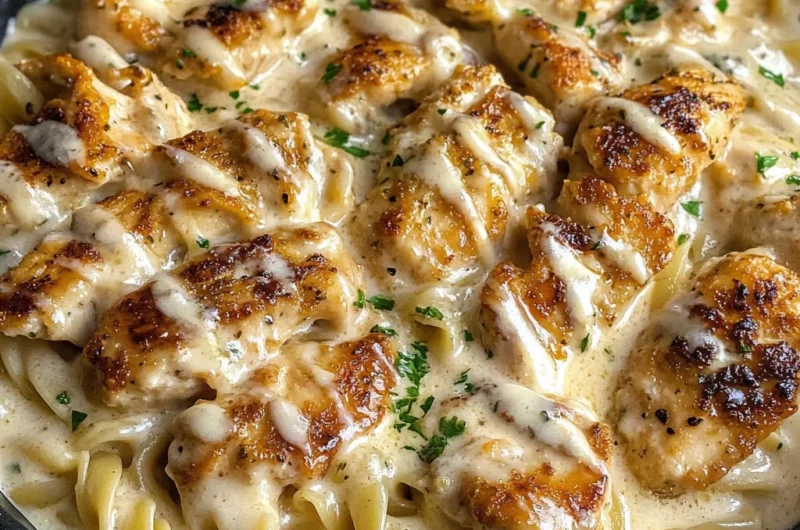 Cheesy Alfredo Twisted Pasta with Golden Garlic Butter Chicken in Creamy Sauce