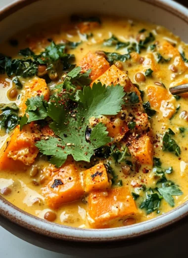 Ginger Sweet Potato and Coconut Milk Stew with Lentils and Kale