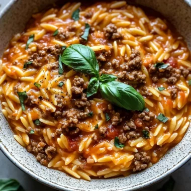 Ground Beef Orzo with Tomato Cream Sauce and Fresh Basil