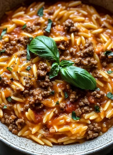 Ground Beef Orzo with Tomato Cream Sauce and Fresh Basil