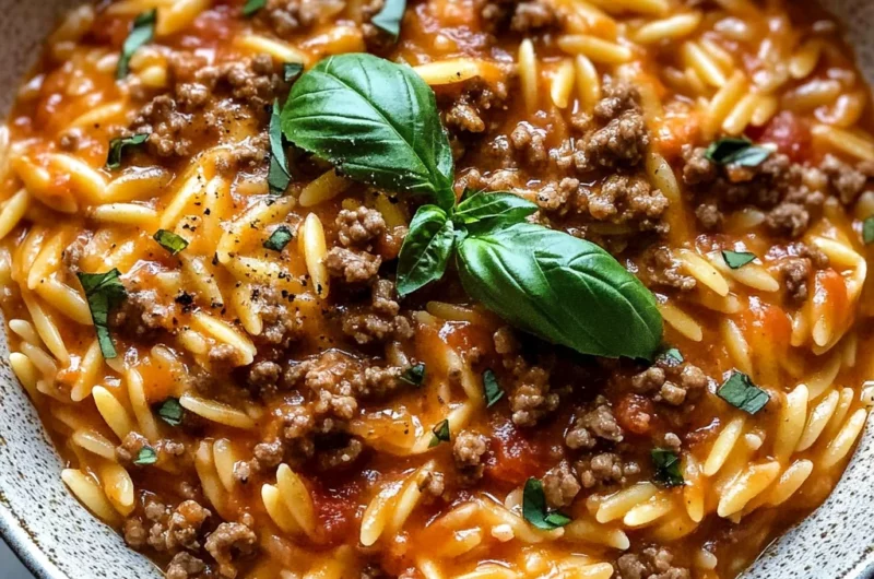 Ground Beef Orzo with Tomato Cream Sauce and Fresh Basil