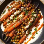 Spicy maple roast carrots with crispy chickpeas and yogurt sauce