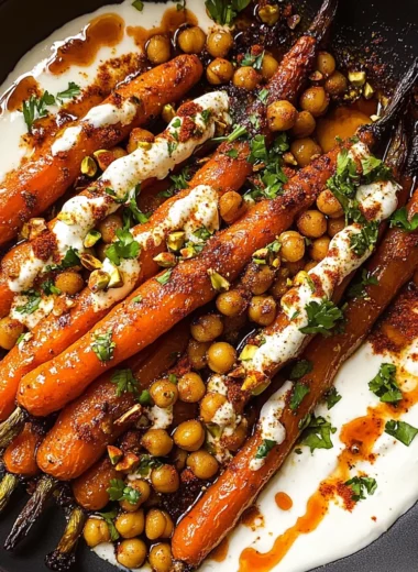 Spicy maple roast carrots with crispy chickpeas and yogurt sauce