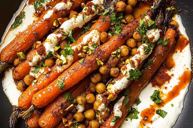 Spicy maple roast carrots with crispy chickpeas and yogurt sauce