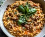 Ground Beef Orzo with Tomato Cream Sauce and Fresh Basil