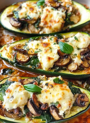 Spinach, Mushroom, and Ricotta Stuffed Zucchini Boats