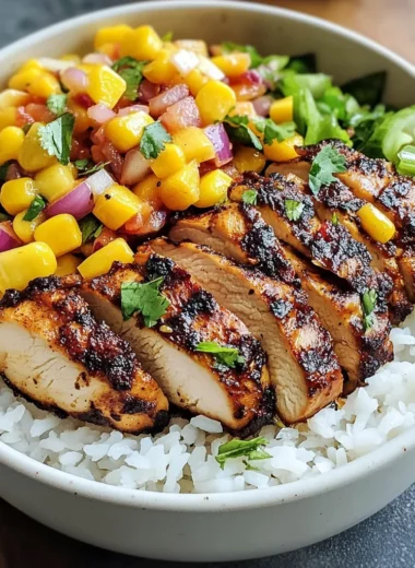 Jerk Chicken Bowls with Mango Salsa and Coconut Rice