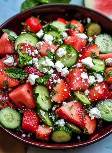 Watermelon Cucumber Salad with Strawberries and Feta