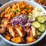 BBQ Chicken Bowls with Sweet Potatoes, Coleslaw, and Pickles