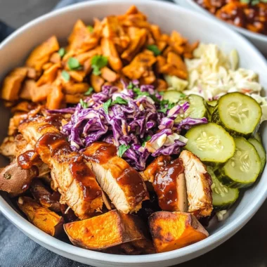 BBQ Chicken Bowls with Sweet Potatoes, Coleslaw, and Pickles
