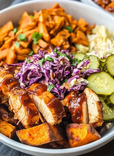 BBQ Chicken Bowls with Sweet Potatoes, Coleslaw, and Pickles
