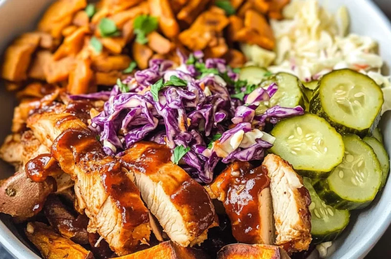 BBQ Chicken Bowls with Sweet Potatoes, Coleslaw, and Pickles